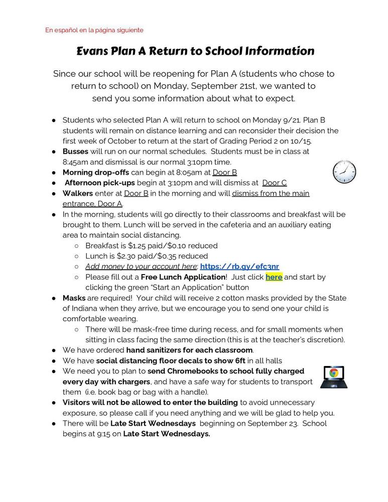 Evans Plan A Return to School Information