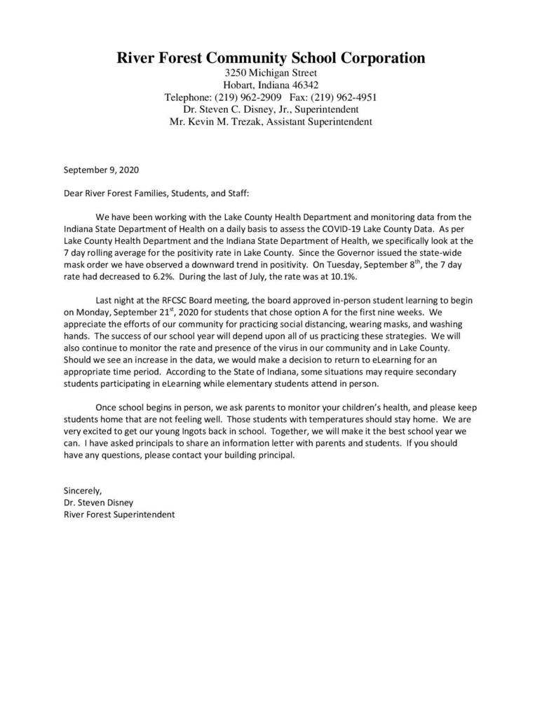 ​Superintendent​ Return to School Letter